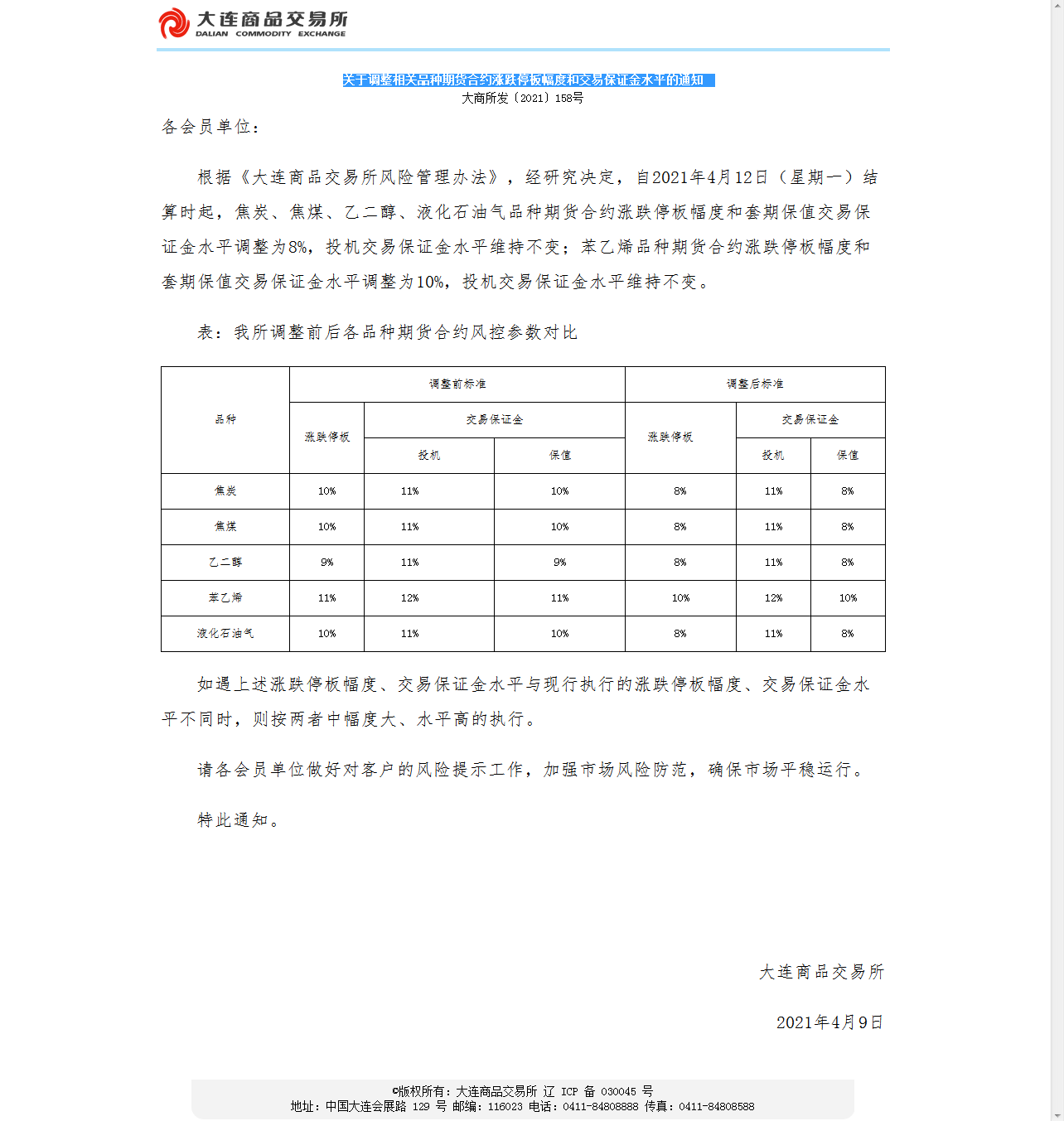 【轉(zhuǎn)發(fā)】關(guān)于調(diào)整相關(guān)品種期貨合約漲跌停板幅度和交易保證金水平的通知